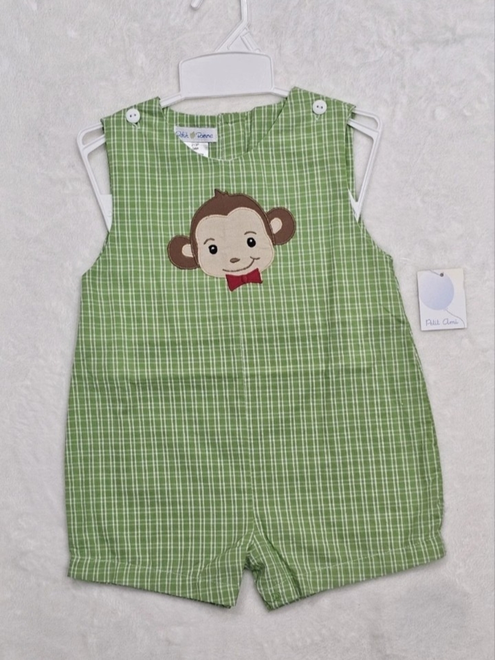 Petit Pomme Green Plaid Monkey Applique Romper